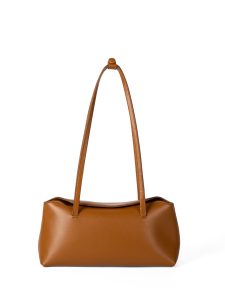 Cognac Brown Minimalist Shoulder Bag – Vegan Leather Baguette Handbag
