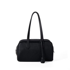 Black Pebbled Boston Shoulder Bag – Vegan Leather Zip-Top Handbag