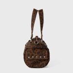 A gray and black leopard-print nylon shoulder bag with silver studs, dual straps, and utility side pockets. Additional product view 5.