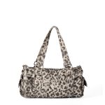 A gray and black leopard-print nylon shoulder bag with silver studs, dual straps, and utility side pockets.