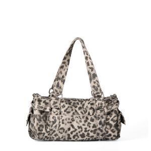Leopard Print Nylon Shoulder Bag – Y2K Studded Animal Print Handbag