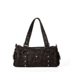 A gray and black leopard-print nylon shoulder bag with silver studs, dual straps, and utility side pockets. Additional product view 2.