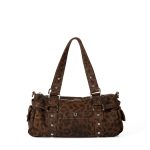 A gray and black leopard-print nylon shoulder bag with silver studs, dual straps, and utility side pockets. Additional product view 3.