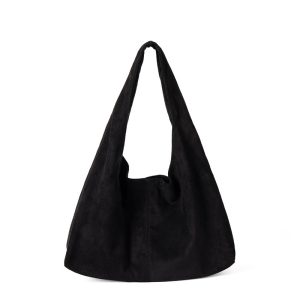 Black Minimalist Faux Suede Hobo Bag – Slouchy Shoulder Bag