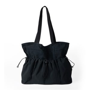 Black Nylon Drawstring Shopper Tote – Ruched Lightweight Shoulder Bag