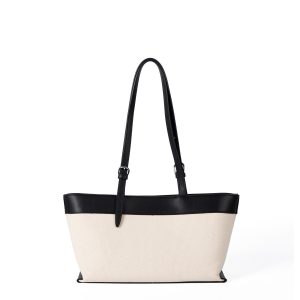 Off-White Canvas Contrast Tote Bag – Black Trim Shoulder Handbag