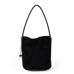 Black Faux Suede Mini Bucket Bag – Chain Charm Shoulder Bag