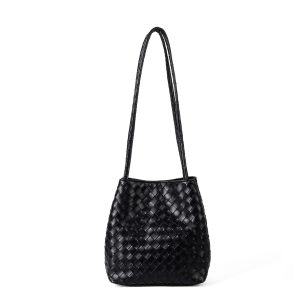 Black Woven Vegan Leather Shoulder Bag – Intrecciato Bucket Handbag