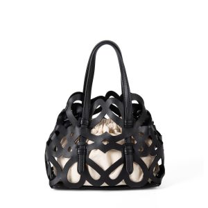 Black Laser-Cut Cage Tote Bag – Vegan Leather Drawstring Handbag