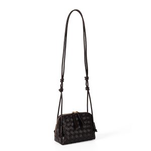 Espresso Brown Woven Mini Crossbody Bag – Vegan Leather Dome Camera Bag