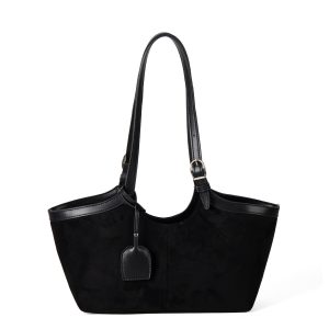 Black Faux Suede Minimalist Tote – Vegan Leather Trim Shoulder Bag