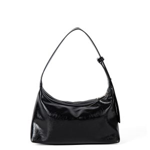 Black Crinkled Crescent Underarm Bag – Glossy Vegan Leather Shoulder Bag