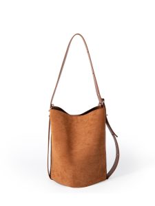 Cognac Brown Faux Suede Bucket Bag – Tall Minimalist Shoulder Bag