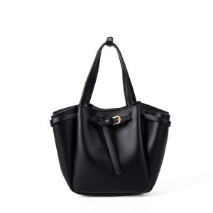 Black Belted Mini Bucket Bag – Vegan Leather Handheld Tote