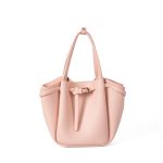 A small black vegan leather bucket bag with dual top handles and a gold-tone buckle strap wrapped around the body. Additional product view 5.