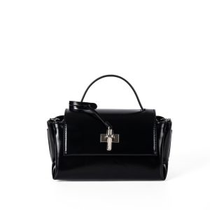 Glossy Black Structured Top-Handle Bag – Vegan Leather Flap Handbag