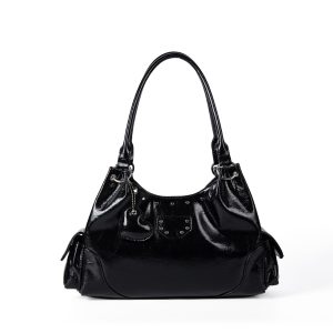 Black Glossy Studded Shoulder Bag – Y2K Vegan Leather Hobo Handbag