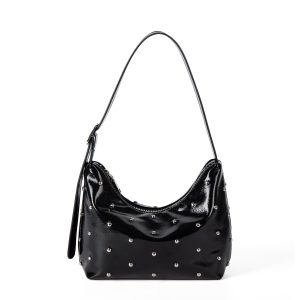 Black Patent Studded Crescent Bag – Glossy Vegan Leather Underarm Handbag