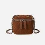 A small black quilted faux suede vanity box bag with dual silver zippers and a chain strap interwoven with black cord. Additional product view 6.