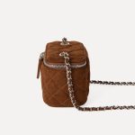 A small black quilted faux suede vanity box bag with dual silver zippers and a chain strap interwoven with black cord. Additional product view 7.