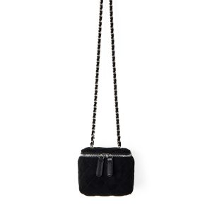 Black Quilted Faux Suede Mini Vanity Bag – Chain Strap Cosmetic Crossbody