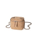 A small black quilted faux suede vanity box bag with dual silver zippers and a chain strap interwoven with black cord. Additional product view 3.