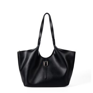 Black Slouchy Vegan Leather Tote Bag – Minimalist Buckle Shoulder Handbag