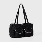 A black polyester rectangular shoulder bag with two buttoned cargo pockets edged in white lace and a top zipper. Additional product view 5.