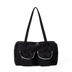 Black Polyester Cargo Shoulder Bag – Dual Pocket Lace-Trim Handbag
