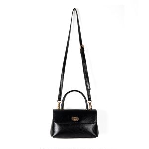 Dark Brown Top-Handle Flap Bag – Glossy Vegan Leather Classic Handbag