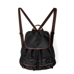 Black Nylon Drawstring Backpack – Brown Trim Multi-Pocket Travel Bag