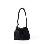 A tiny black vegan leather dumpling bag with a ruffled gathered opening and a thin tubular shoulder strap.