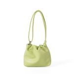 A tiny black vegan leather dumpling bag with a ruffled gathered opening and a thin tubular shoulder strap. Additional product view 4.