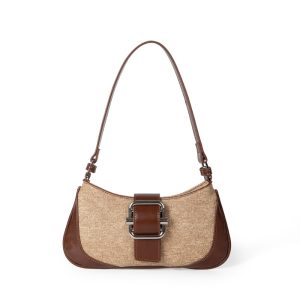 Beige Canvas Baguette Shoulder Bag – Brown Vegan Leather Buckle Handbag