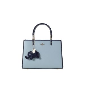 Sky Blue Two-Tone Satchel Handbag – Saffiano Vegan Leather Top-Handle Bag
