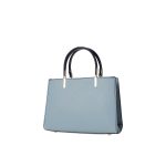 A structured sky blue satchel with navy trim, gold-tone hardware, a single top handle, and a navy elephant charm. Additional product view 4.