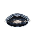 A blue geometric-patterned bucket bag with a twisted navy top handle, matching inner pouch, and detachable crossbody strap. Additional product view 5.