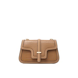 Apricot Croc-Embossed Flap Shoulder Bag – Vegan Leather Crossbody Handbag