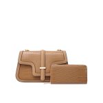 A tan apricot croc-embossed vegan leather flap bag with a stepped geometric flap, center buckle, and gold chain strap. Additional product view 2.