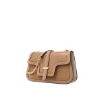 A tan apricot croc-embossed vegan leather flap bag with a stepped geometric flap, center buckle, and gold chain strap. Additional product view 3.