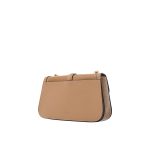 A tan apricot croc-embossed vegan leather flap bag with a stepped geometric flap, center buckle, and gold chain strap. Additional product view 4.