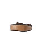 A tan apricot croc-embossed vegan leather flap bag with a stepped geometric flap, center buckle, and gold chain strap. Additional product view 5.