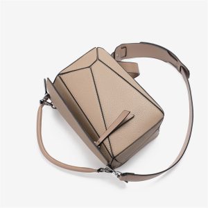 Beige Geometric Puzzle Crossbody Bag – Pebbled Vegan Leather Shoulder Handbag