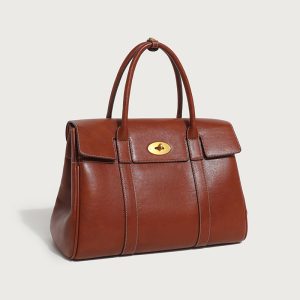 Cognac Brown Structured Satchel Tote – Vegan Leather Turn-Lock Handbag