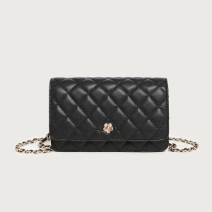 Black Quilted Flap Crossbody Bag – Vegan Leather Chain Shoulder Handbag