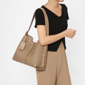 Taupe Pebbled Hobo Shoulder Bag – Minimalist Vegan Leather Everyday Handbag
