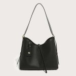 A taupe pebble-grain vegan leather hobo worn on the shoulder, showing gold hardware and a striped interior lining. Additional product view 4.