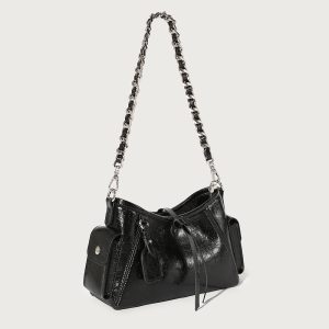 Black Crinkled Cargo Shoulder Bag – Glossy Vegan Leather Underarm Handbag