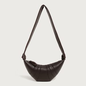 Coffee Brown Croissant Shoulder Bag – Ribbed Vegan Leather Crescent Handbag