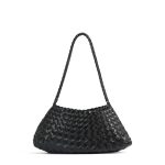 A dark brown woven vegan leather underarm bag with a thin braided strap and decorative side ties ending in leather tabs. Additional product view 2.